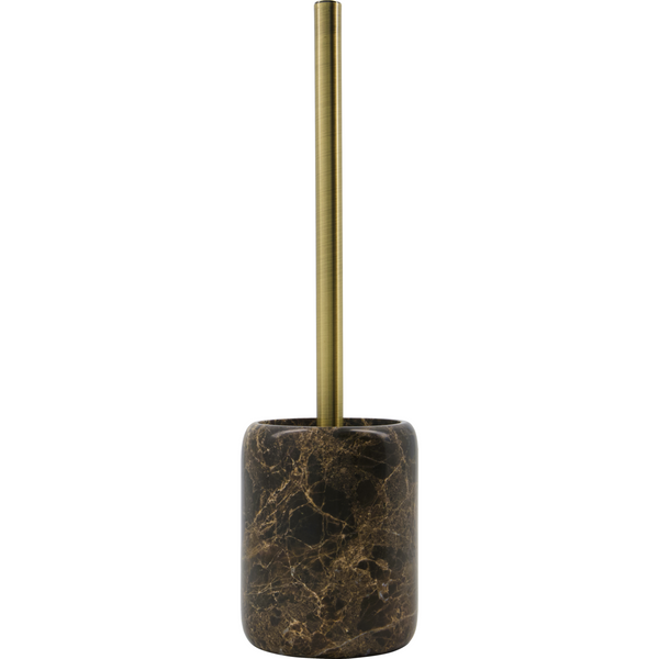 Marble-textured toilet brush holder with gold handle on a white background