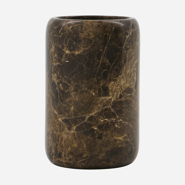Marble-patterned cylindrical vase on a white background
