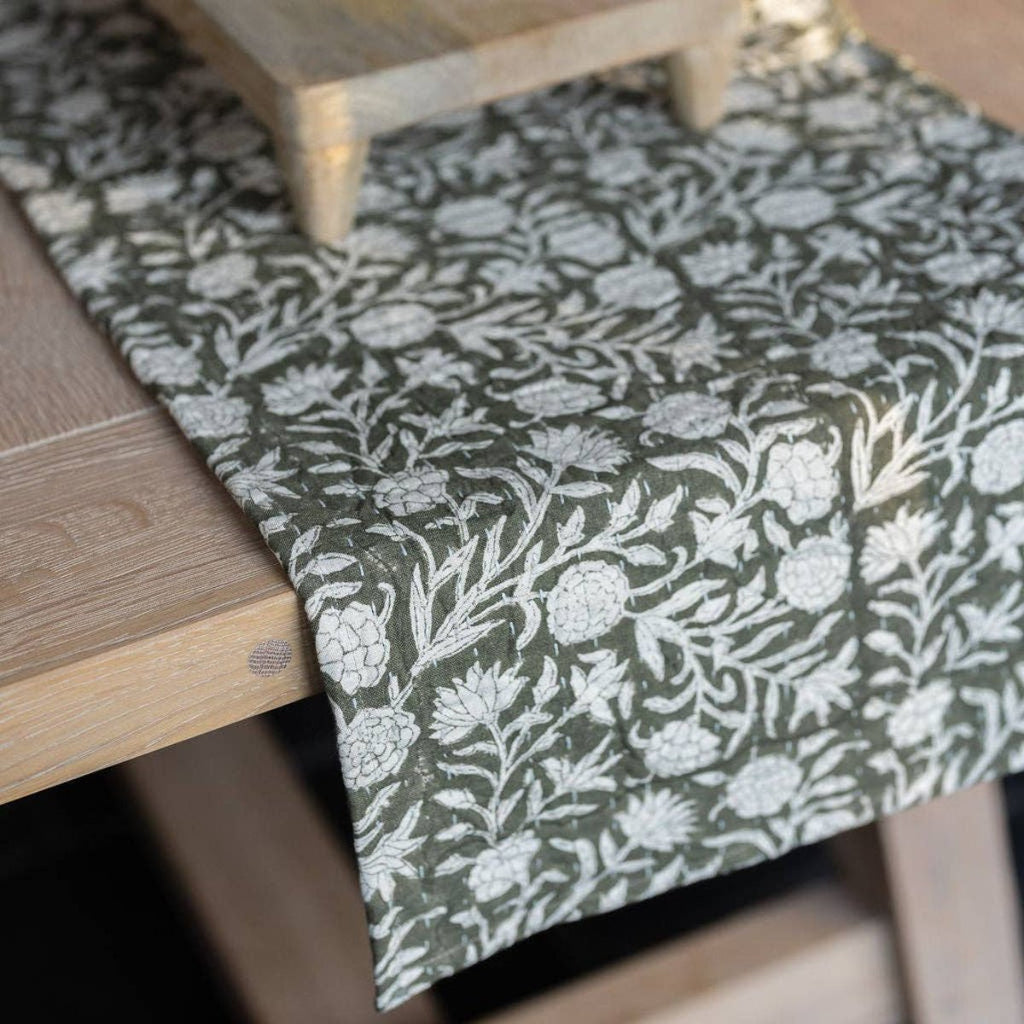 Block Print Cotton Table Runner - Green Floral - RhoolTableclothsRhoolBlock Print Cotton Table Runner - Green Floral