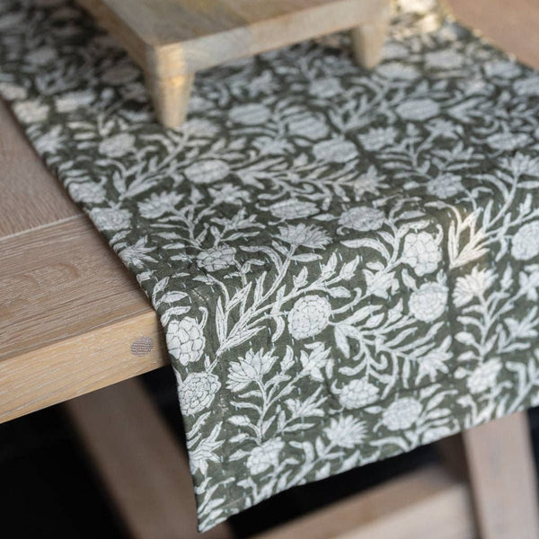 Block Print Cotton Table Runner - Green Floral - RhoolTableclothsRhoolBlock Print Cotton Table Runner - Green Floral