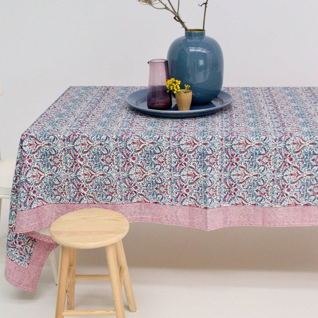 Block Print Tablecloth - Cherry/Blue Floral - RhoolTableclothsRozablueBlock Print Tablecloth - Cherry/Blue Floral