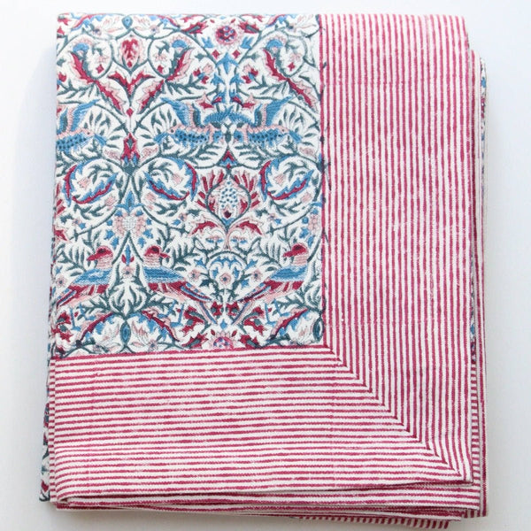 Block Print Tablecloth - Cherry/Blue Floral - RhoolTableclothsRozablueBlock Print Tablecloth - Cherry/Blue Floral