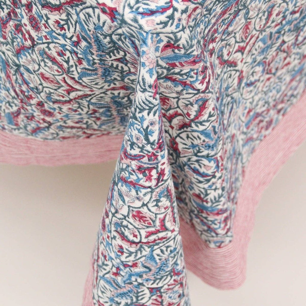 Block Print Tablecloth - Cherry/Blue Floral - RhoolTableclothsRozablueBlock Print Tablecloth - Cherry/Blue Floral