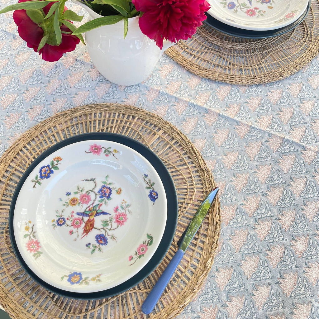 Block Print Tablecloth - Dusty Blue and Pink - RhoolTableclothsRozablueBlock Print Tablecloth - Dusty Blue and Pink