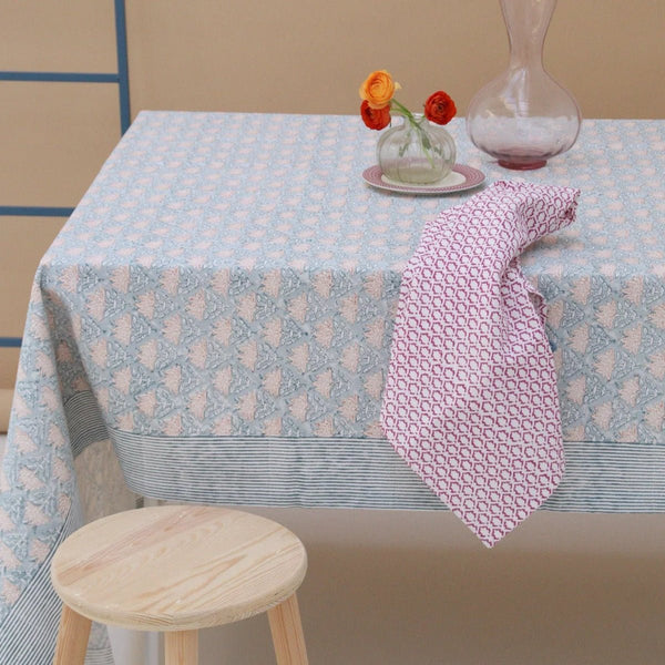 Block Print Tablecloth - Dusty Blue and Pink - RhoolTableclothsRozablueBlock Print Tablecloth - Dusty Blue and Pink