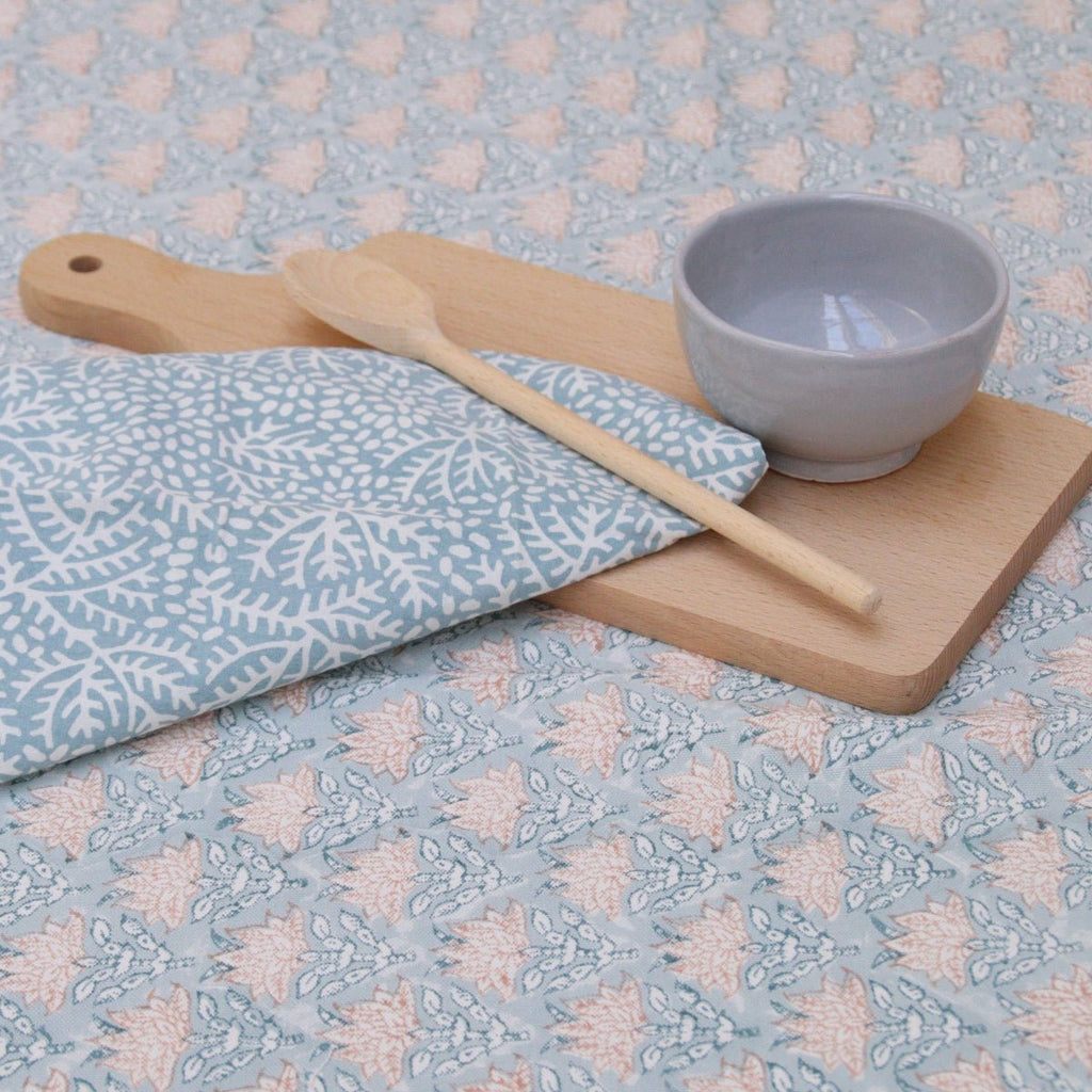 Block Print Tablecloth - Dusty Blue and Pink - RhoolTableclothsRozablueBlock Print Tablecloth - Dusty Blue and Pink