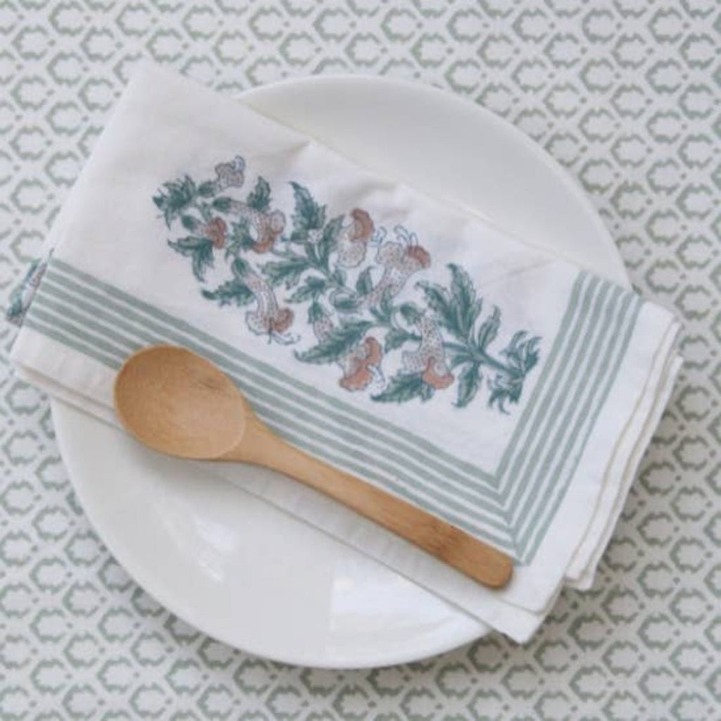 Block Printed Napkins - Pink Flower - RhoolNapkinRozablueBlock Printed Napkins - Pink Flower
