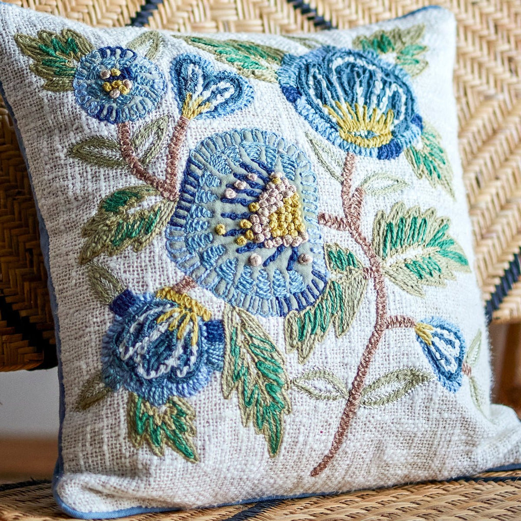 Bloomingville Embroidered Square Cushion - Flowers Blue - RhoolCushionBloomingvilleBloomingville Embroidered Square Cushion - Flowers Blue