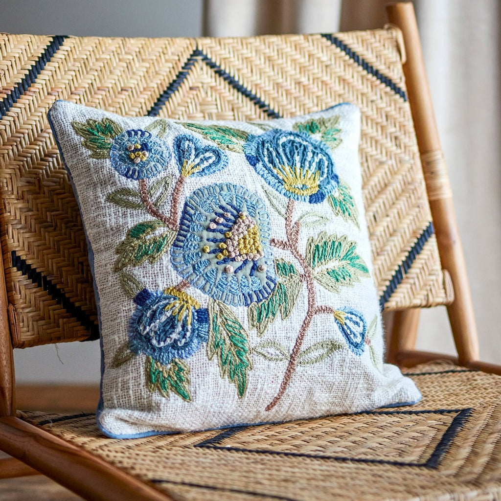 Bloomingville Embroidered Square Cushion - Flowers Blue - RhoolCushionBloomingvilleBloomingville Embroidered Square Cushion - Flowers Blue