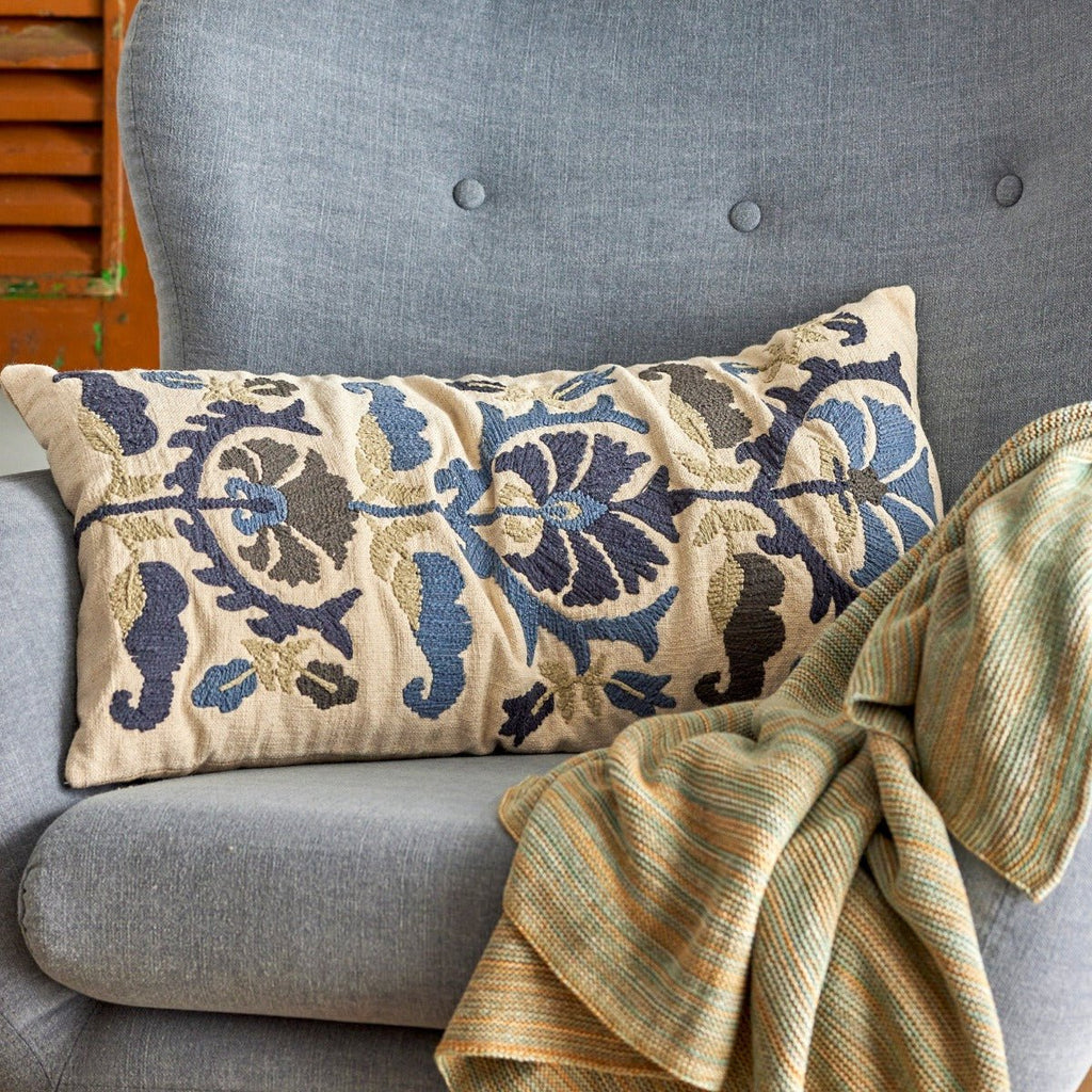 Embroidered Blue and Cream Rectangular Cushion - RhoolCushionBloomingvilleEmbroidered Blue and Cream Rectangular Cushion