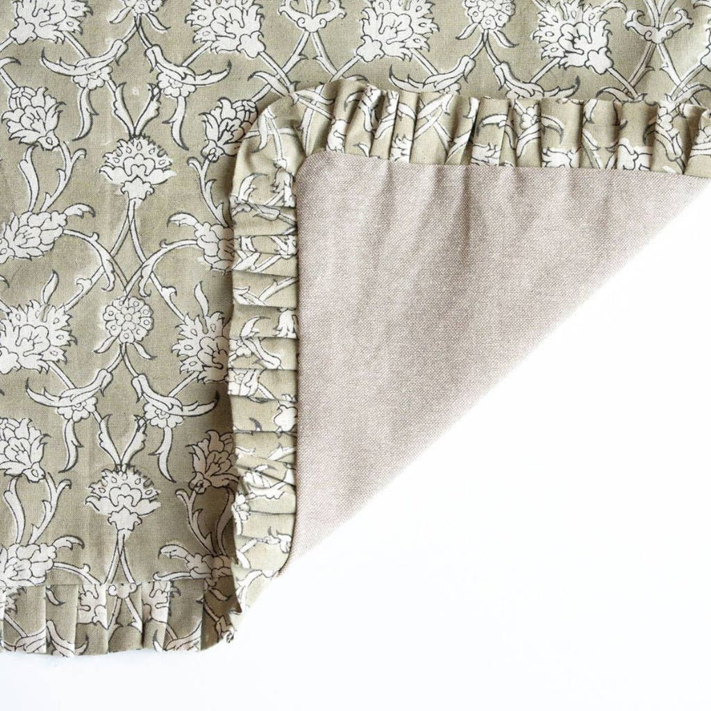 Hand Block Printed Cushion Cover - Green/Off White Ruffle - RhoolCushionRhoolHand Block Printed Cushion Cover - Green/Off White Ruffle