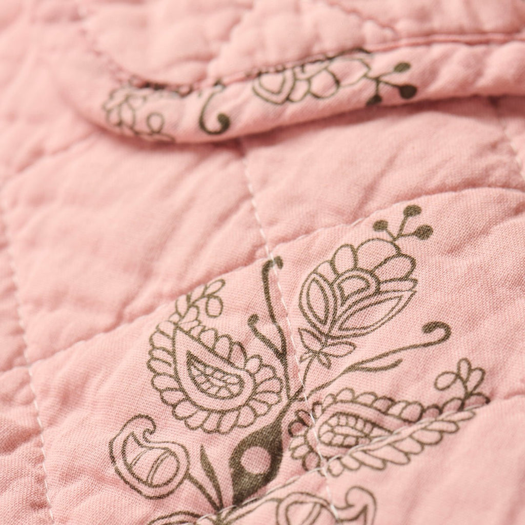 IBLaursen Cotton Quilt - Pink and Dark Grey - RhoolQuiltIB LaursenClose - up of a pink quilt with floral embroidery