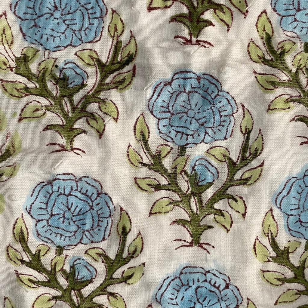 Indian Hand Block Print Cotton Quilt - Blue Marigold/Green Stripe - RhoolQuiltRhoolIndian Hand Block Print Cotton Quilt - Blue Marigold/Green Stripe