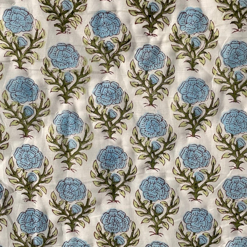 Indian Hand Block Print Cotton Quilt - Blue Marigold/Green Stripe - RhoolQuiltRhoolIndian Hand Block Print Cotton Quilt - Blue Marigold/Green Stripe