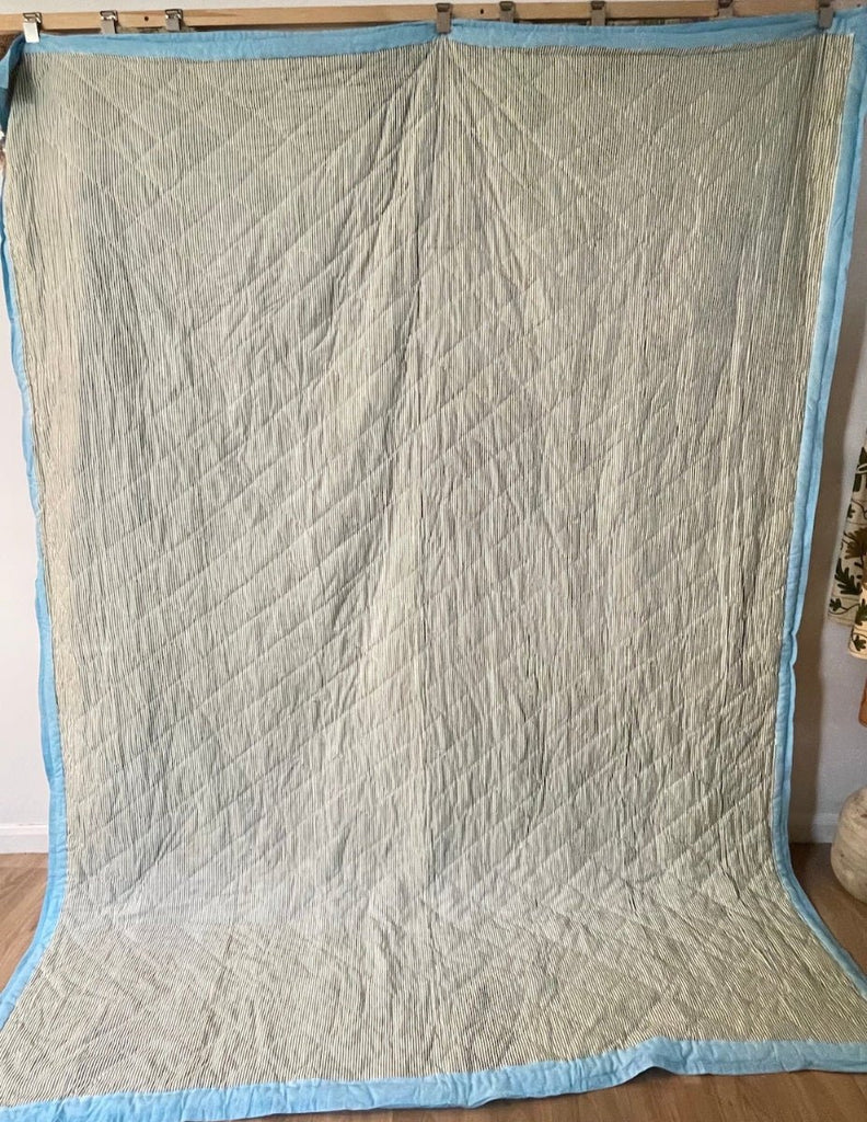 Indian Hand Block Print Cotton Quilt - Blue Marigold/Green Stripe - RhoolQuiltRhoolIndian Hand Block Print Cotton Quilt - Blue Marigold/Green Stripe
