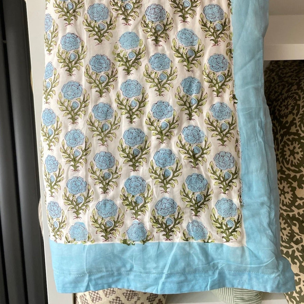 Indian Hand Block Print Cotton Quilt - Blue Marigold/Green Stripe - RhoolQuiltRhoolIndian Hand Block Print Cotton Quilt - Blue Marigold/Green Stripe