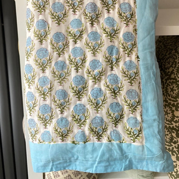 Indian Hand Block Print Cotton Quilt - Blue Marigold/Green Stripe - RhoolQuiltRhoolIndian Hand Block Print Cotton Quilt - Blue Marigold/Green Stripe