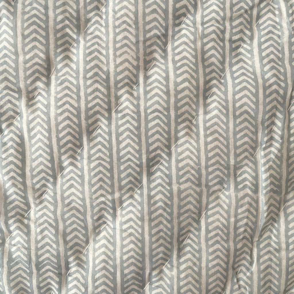 Indian Hand Block Print Cotton Quilt - Grey Blue stripe/Floral Ruffle - RhoolQuiltRhoolIndian Hand Block Print Cotton Quilt - Grey Blue stripe/Floral Ruffle