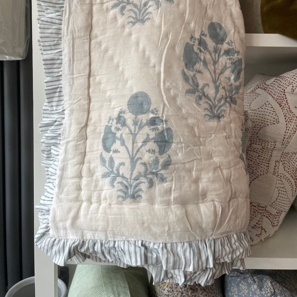 Indian Hand Block Print Cotton Quilt - Grey Blue stripe/Floral Ruffle - RhoolQuiltRhoolIndian Hand Block Print Cotton Quilt - Grey Blue stripe/Floral Ruffle