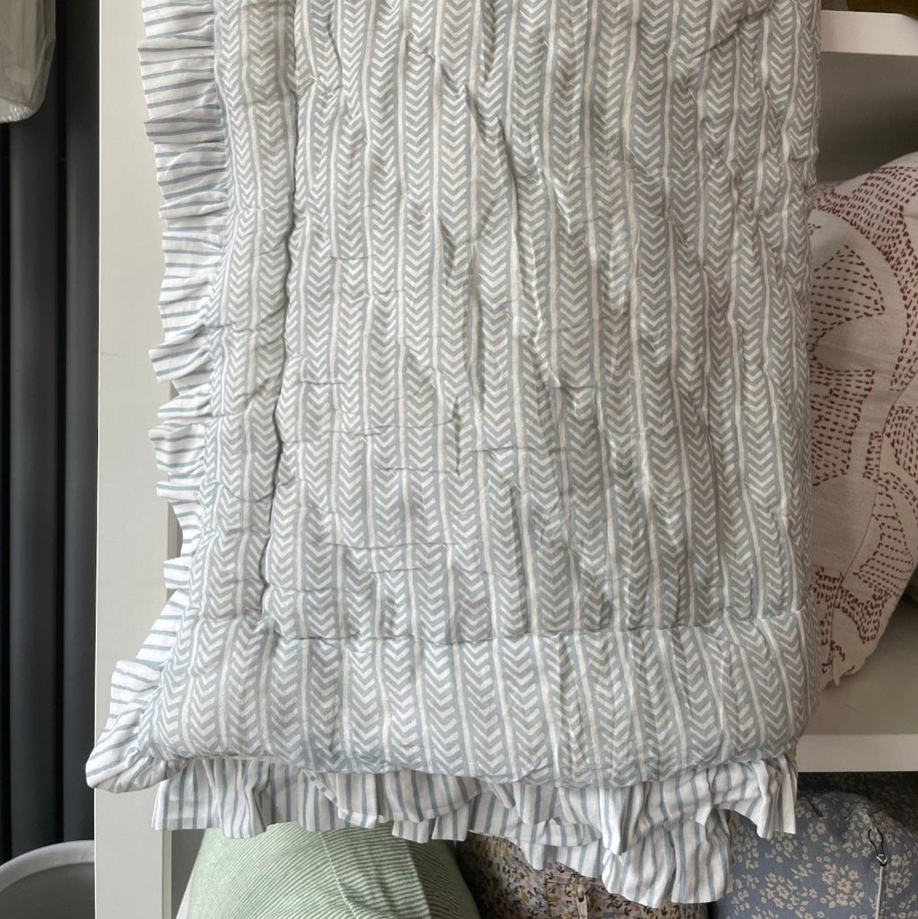 Indian Hand Block Print Cotton Quilt - Grey Blue stripe/Floral Ruffle - RhoolQuiltRhoolIndian Hand Block Print Cotton Quilt - Grey Blue stripe/Floral Ruffle