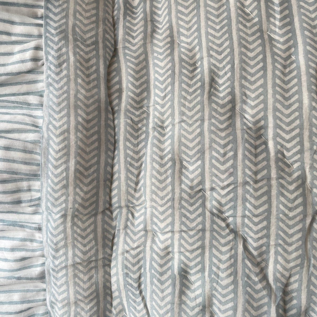Indian Hand Block Print Cotton Quilt - Grey Blue stripe/Floral Ruffle - RhoolQuiltRhoolIndian Hand Block Print Cotton Quilt - Grey Blue stripe/Floral Ruffle