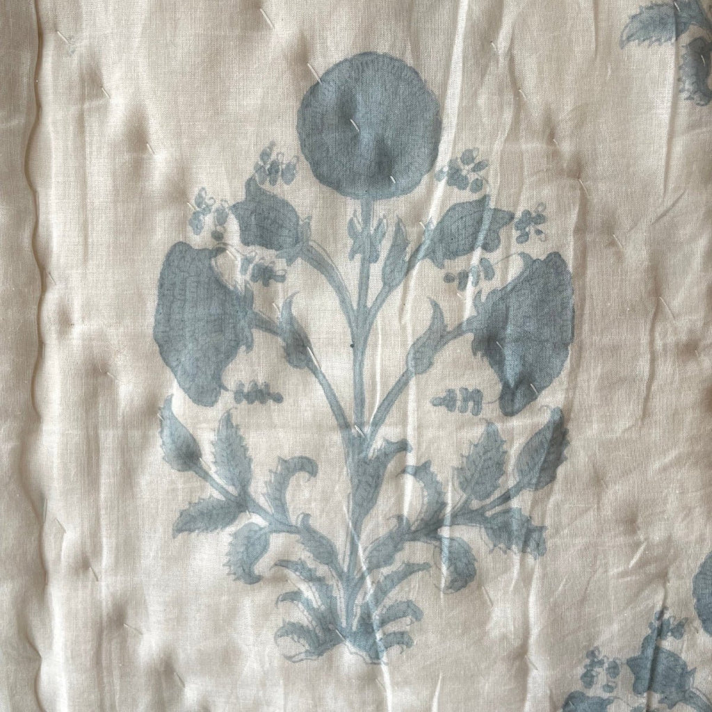 Indian Hand Block Print Cotton Quilt - Grey Blue stripe/Floral Ruffle - RhoolQuiltRhoolIndian Hand Block Print Cotton Quilt - Grey Blue stripe/Floral Ruffle