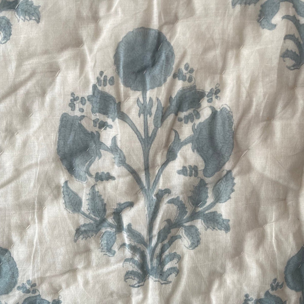 Indian Hand Block Print Cotton Quilt - Grey Blue stripe/Floral Ruffle - RhoolQuiltRhoolIndian Hand Block Print Cotton Quilt - Grey Blue stripe/Floral Ruffle