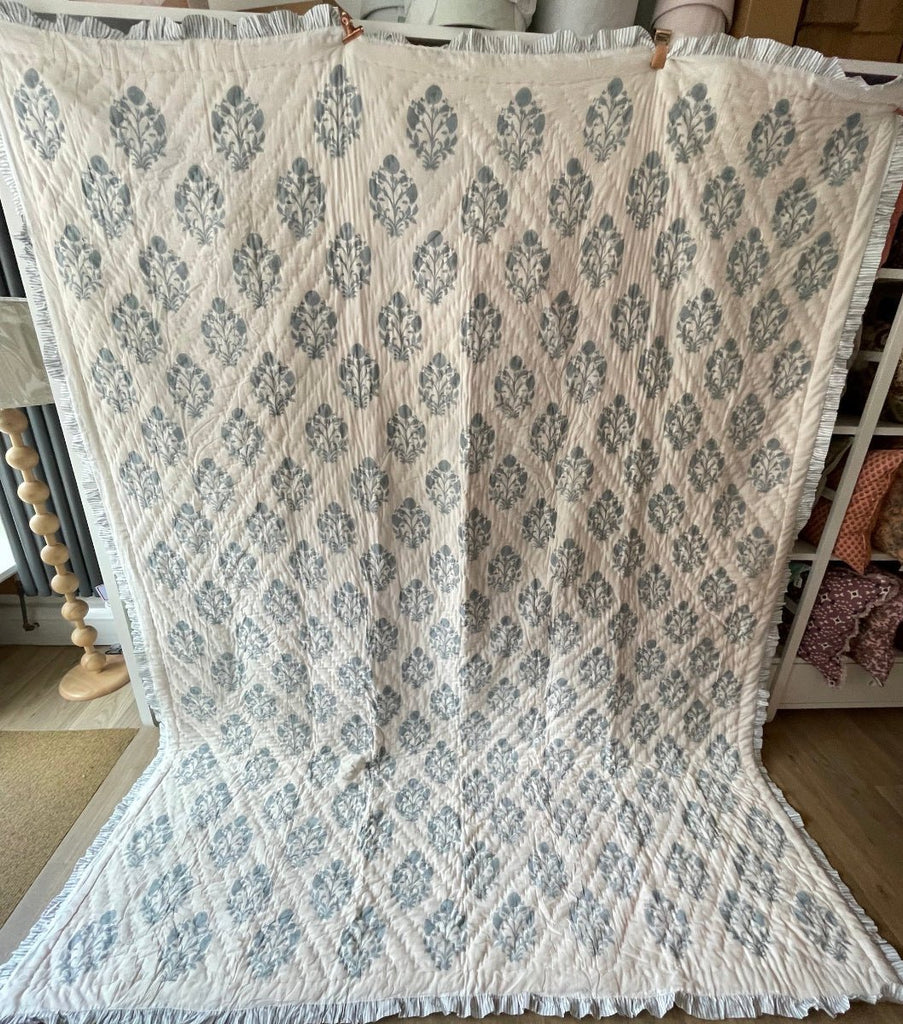 Indian Hand Block Print Cotton Quilt - Grey Blue stripe/Floral Ruffle - RhoolQuiltRhoolIndian Hand Block Print Cotton Quilt - Grey Blue stripe/Floral Ruffle