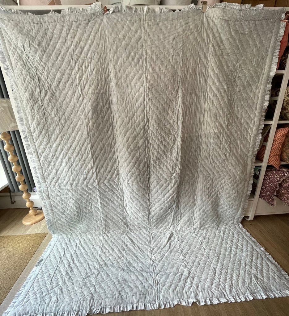 Indian Hand Block Print Cotton Quilt - Grey Blue stripe/Floral Ruffle - RhoolQuiltRhoolIndian Hand Block Print Cotton Quilt - Grey Blue stripe/Floral Ruffle