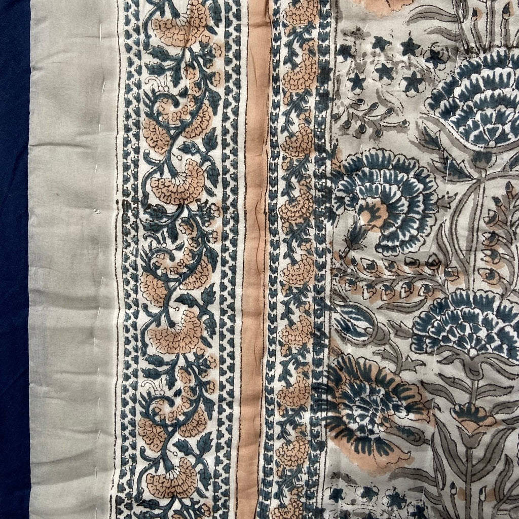Indian Hand Block Print Cotton Quilt - Grey, Sand and Blue - RhoolQuiltRhoolIndian Hand Block Print Cotton Quilt - Grey, Sand and Blue