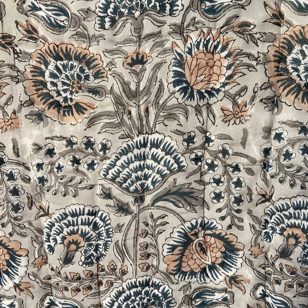 Indian Hand Block Print Cotton Quilt - Grey, Sand and Blue - RhoolQuiltRhoolIndian Hand Block Print Cotton Quilt - Grey, Sand and Blue