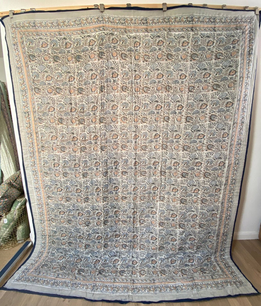Indian Hand Block Print Cotton Quilt - Grey, Sand and Blue - RhoolQuiltRhoolIndian Hand Block Print Cotton Quilt - Grey, Sand and Blue