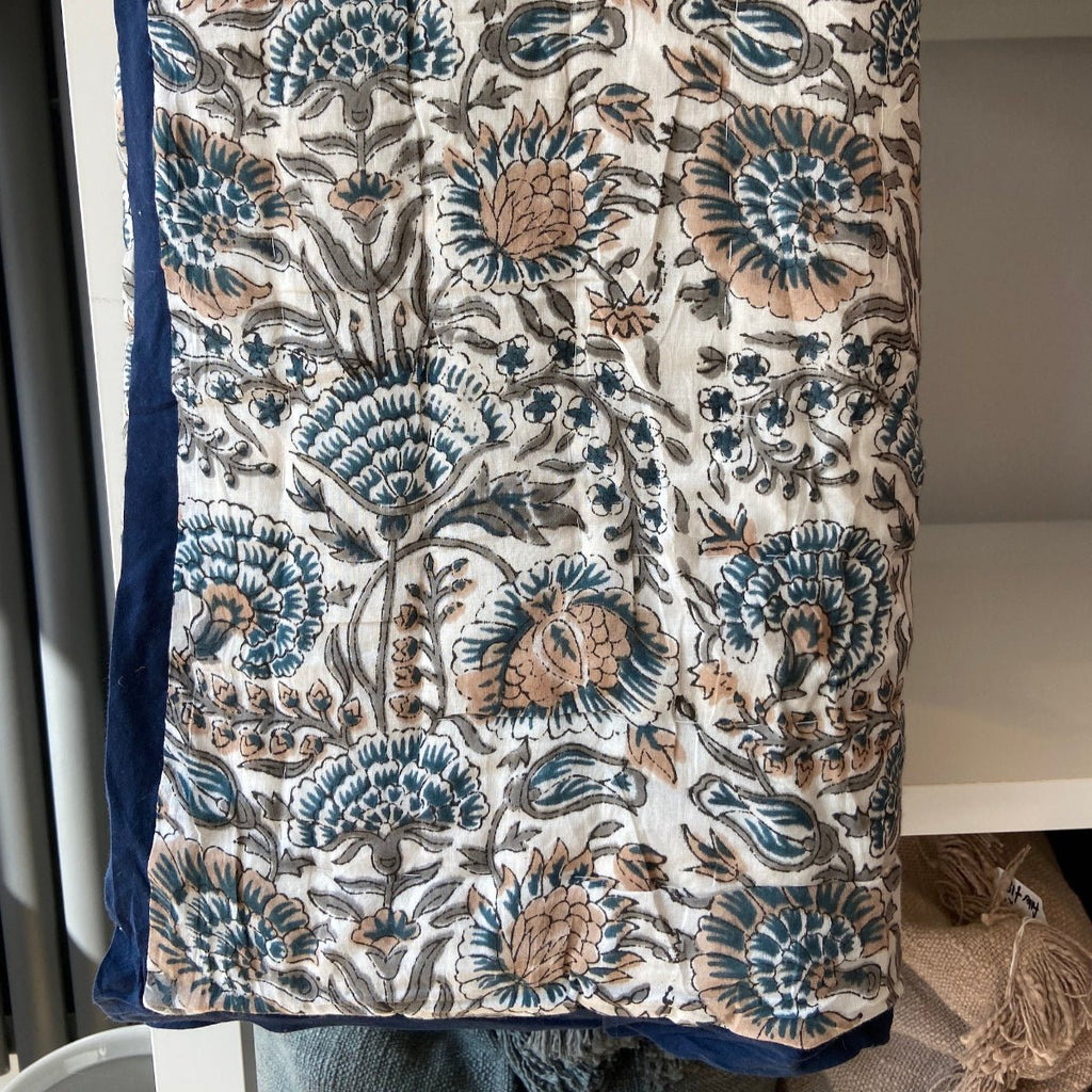 Indian Hand Block Print Cotton Quilt - Grey, Sand and Blue - RhoolQuiltRhoolIndian Hand Block Print Cotton Quilt - Grey, Sand and Blue