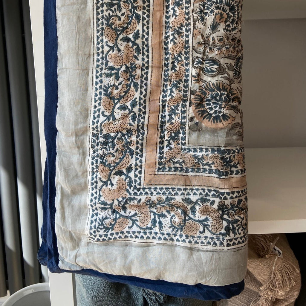 Indian Hand Block Print Cotton Quilt - Grey, Sand and Blue - RhoolQuiltRhoolIndian Hand Block Print Cotton Quilt - Grey, Sand and Blue
