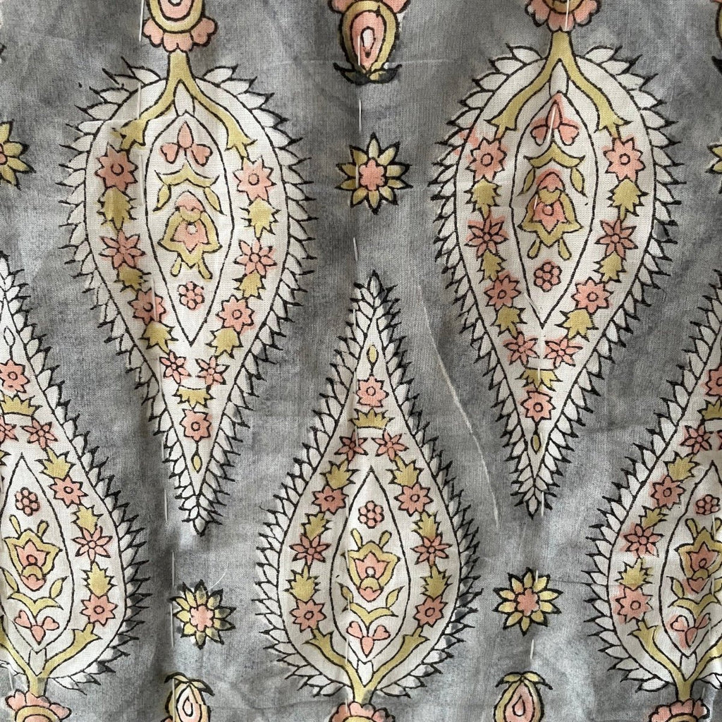 Indian Hand Block Print Cotton Quilt - Grey/Coral/Green Leaf/Stripe Ruffle - RhoolQuiltRhoolIndian Hand Block Print Cotton Quilt - Grey/Coral/Green Leaf/Stripe Ruffle