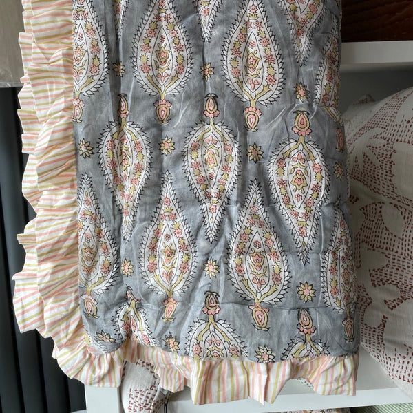 Indian Hand Block Print Cotton Quilt - Grey/Coral/Green Leaf/Stripe Ruffle - RhoolQuiltRhoolIndian Hand Block Print Cotton Quilt - Grey/Coral/Green Leaf/Stripe Ruffle