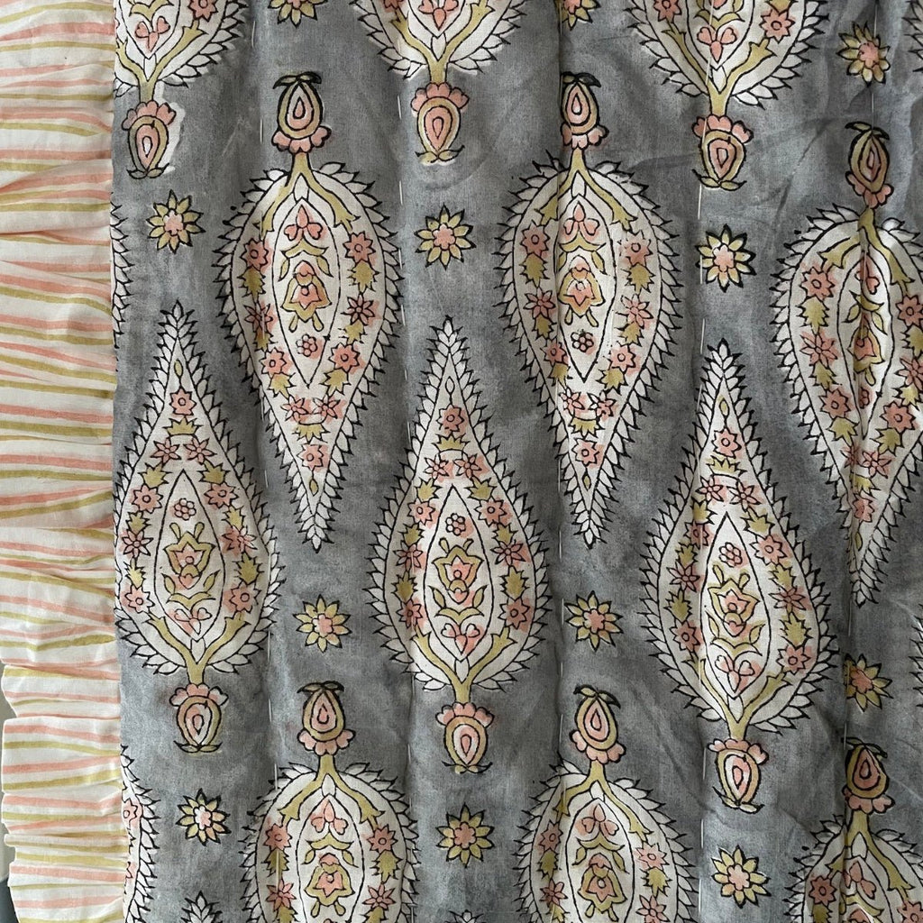 Indian Hand Block Print Cotton Quilt - Grey/Coral/Green Leaf/Stripe Ruffle - RhoolQuiltRhoolIndian Hand Block Print Cotton Quilt - Grey/Coral/Green Leaf/Stripe Ruffle