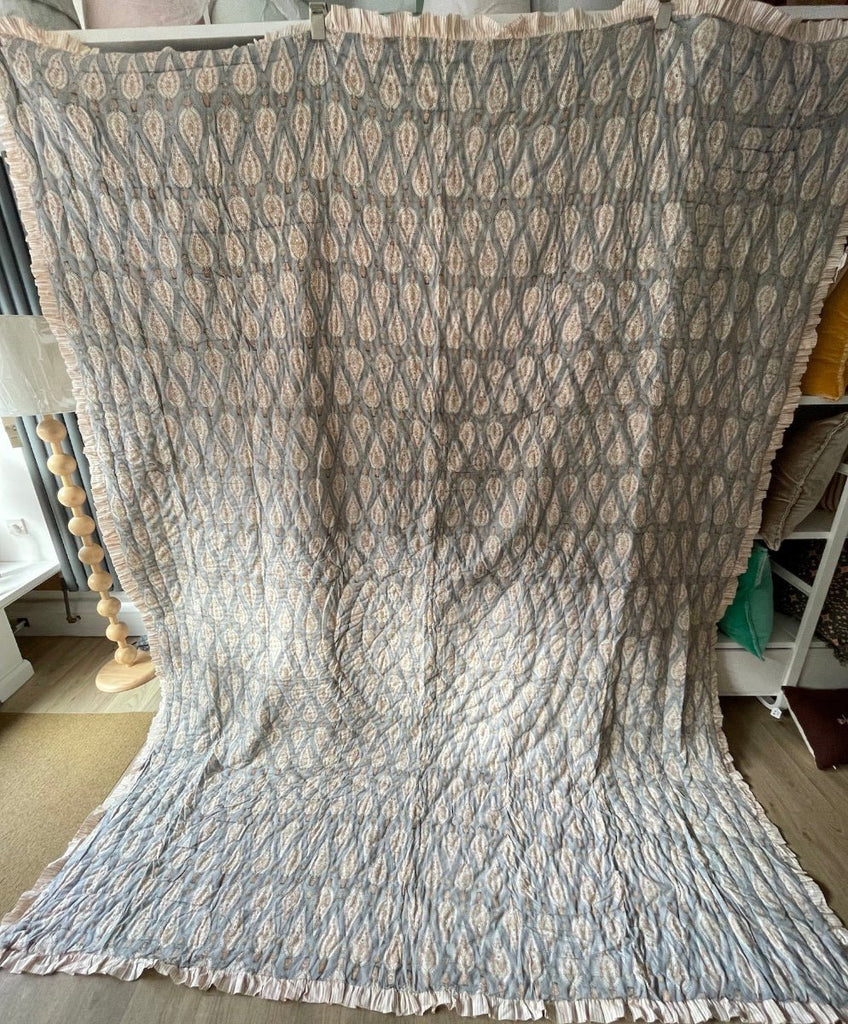 Indian Hand Block Print Cotton Quilt - Grey/Coral/Green Leaf/Stripe Ruffle - RhoolQuiltRhoolIndian Hand Block Print Cotton Quilt - Grey/Coral/Green Leaf/Stripe Ruffle