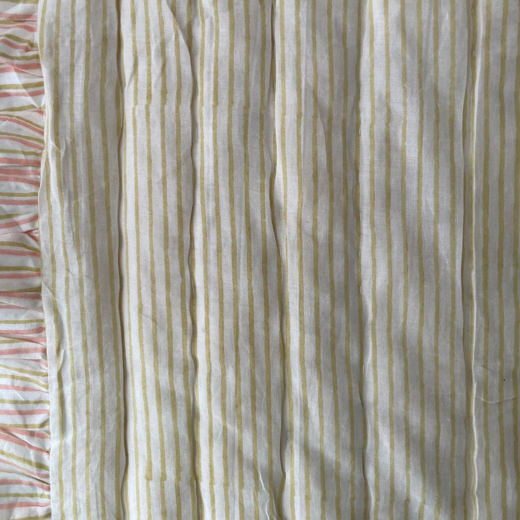 Indian Hand Block Print Cotton Quilt - Grey/Coral/Green Leaf/Stripe Ruffle - RhoolQuiltRhoolIndian Hand Block Print Cotton Quilt - Grey/Coral/Green Leaf/Stripe Ruffle