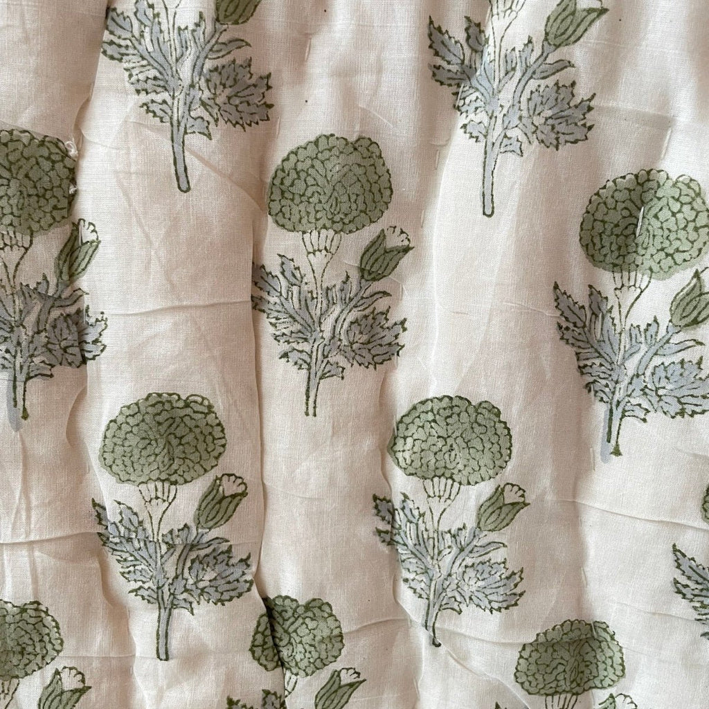 Indian Hand Block Print Cotton Quilt - Pale Blue/Green Marigold/Stripe Ruffle - Double/King/SuperKing - RhoolQuiltRhoolIndian Hand Block Print Cotton Quilt - Pale Blue/Green Marigold/Stripe Ruffle - Double/King/SuperKing