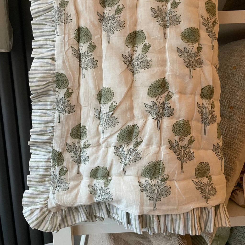 Indian Hand Block Print Cotton Quilt - Pale Blue/Green Marigold/Stripe Ruffle - Double/King/SuperKing - RhoolQuiltRhoolIndian Hand Block Print Cotton Quilt - Pale Blue/Green Marigold/Stripe Ruffle - Double/King/SuperKing