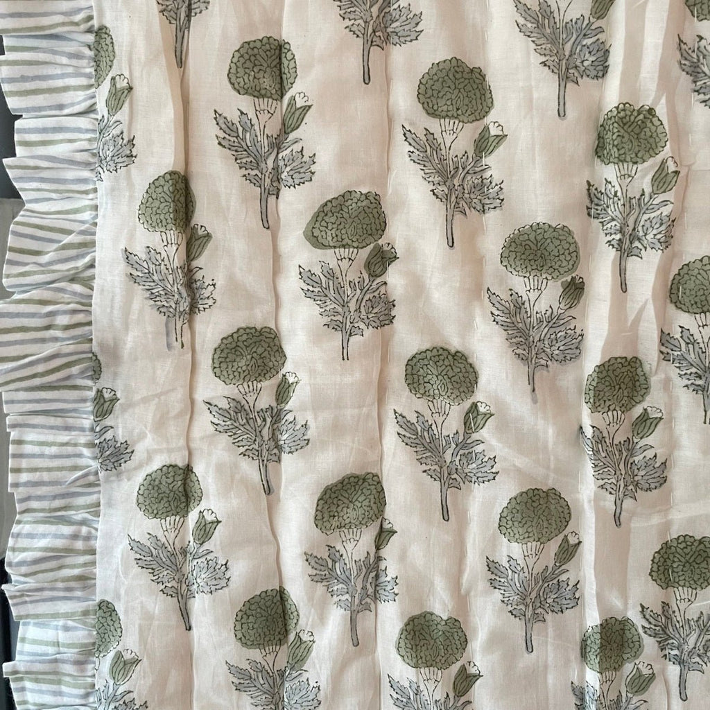 Indian Hand Block Print Cotton Quilt - Pale Blue/Green Marigold/Stripe Ruffle - Double/King/SuperKing - RhoolQuiltRhoolIndian Hand Block Print Cotton Quilt - Pale Blue/Green Marigold/Stripe Ruffle - Double/King/SuperKing