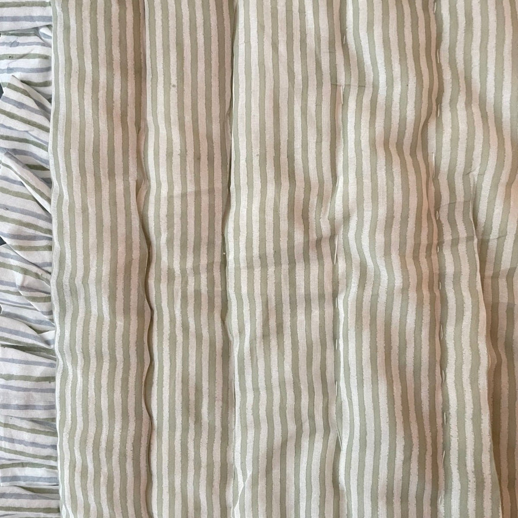 Indian Hand Block Print Cotton Quilt - Pale Blue/Green Marigold/Stripe Ruffle - Double/King/SuperKing - RhoolQuiltRhoolIndian Hand Block Print Cotton Quilt - Pale Blue/Green Marigold/Stripe Ruffle - Double/King/SuperKing