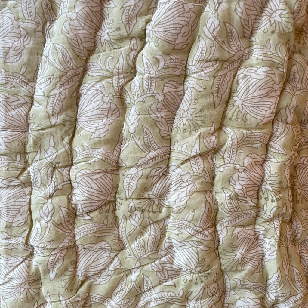 Indian Hand Block Print Cotton Quilt - Pale Green Floral/Stripe Ruffle - RhoolQuiltRhoolIndian Hand Block Print Cotton Quilt - Pale Green Floral/Stripe Ruffle