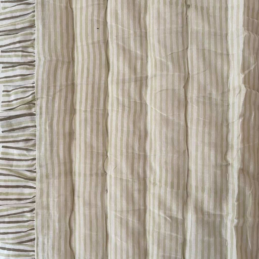 Indian Hand Block Print Cotton Quilt - Pale Green Floral/Stripe Ruffle - RhoolQuiltRhoolIndian Hand Block Print Cotton Quilt - Pale Green Floral/Stripe Ruffle