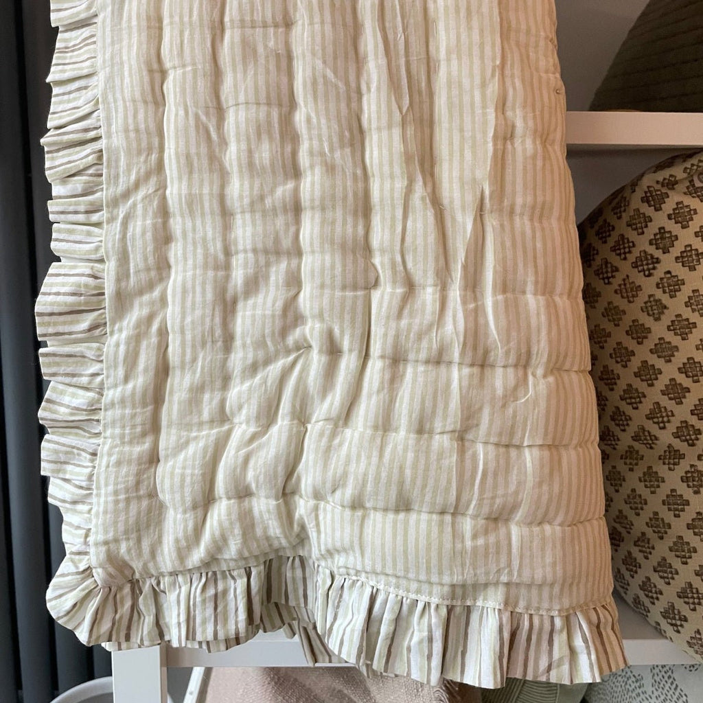 Indian Hand Block Print Cotton Quilt - Pale Green Floral/Stripe Ruffle - RhoolQuiltRhoolIndian Hand Block Print Cotton Quilt - Pale Green Floral/Stripe Ruffle