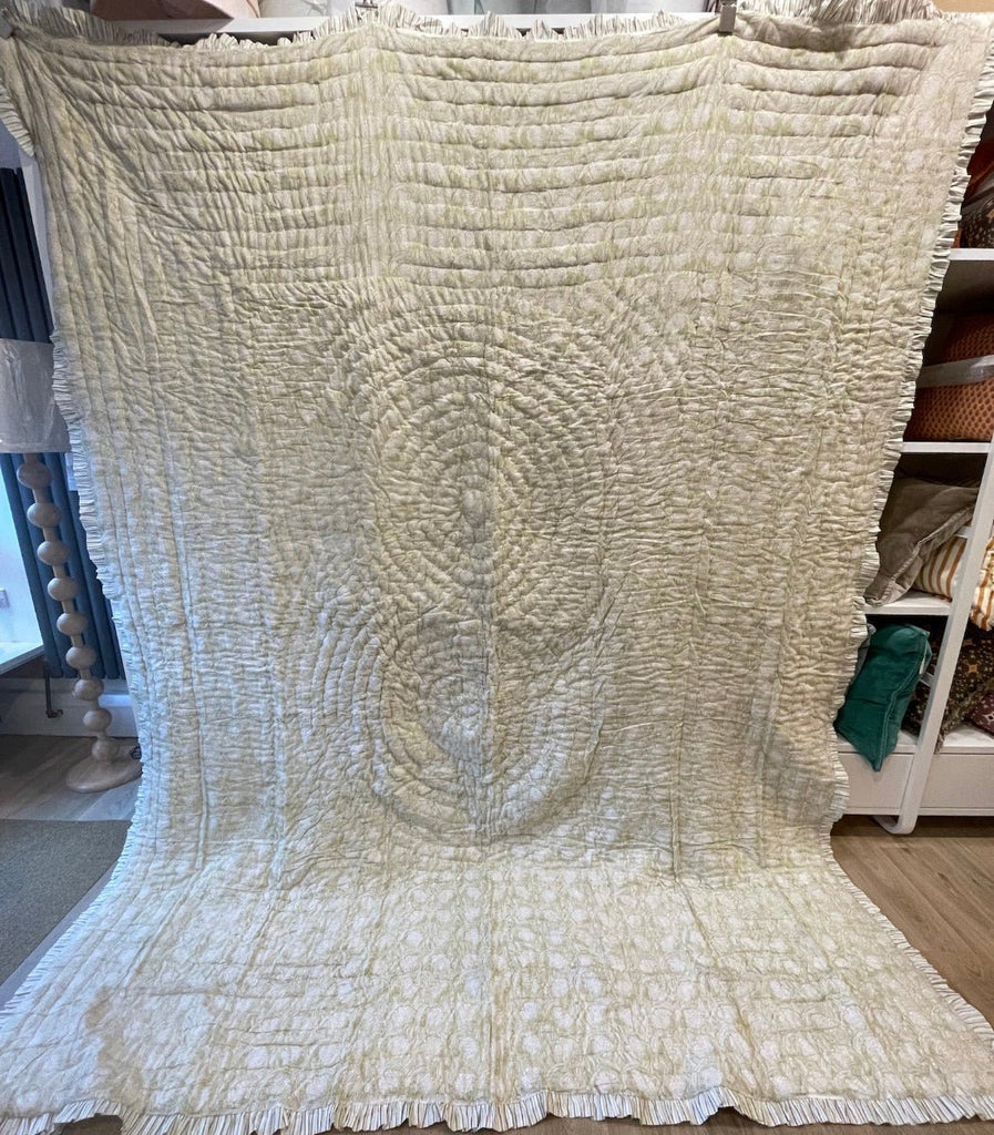 Indian Hand Block Print Cotton Quilt - Pale Green Floral/Stripe Ruffle - RhoolQuiltRhoolIndian Hand Block Print Cotton Quilt - Pale Green Floral/Stripe Ruffle