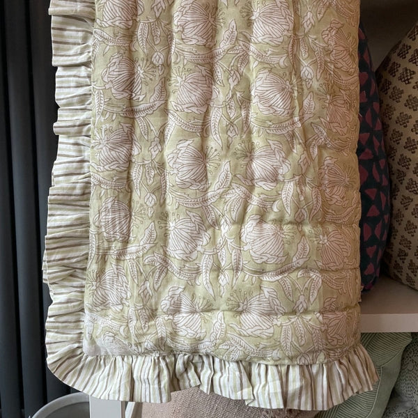 Indian Hand Block Print Cotton Quilt - Pale Green Floral/Stripe Ruffle - RhoolQuiltRhoolIndian Hand Block Print Cotton Quilt - Pale Green Floral/Stripe Ruffle