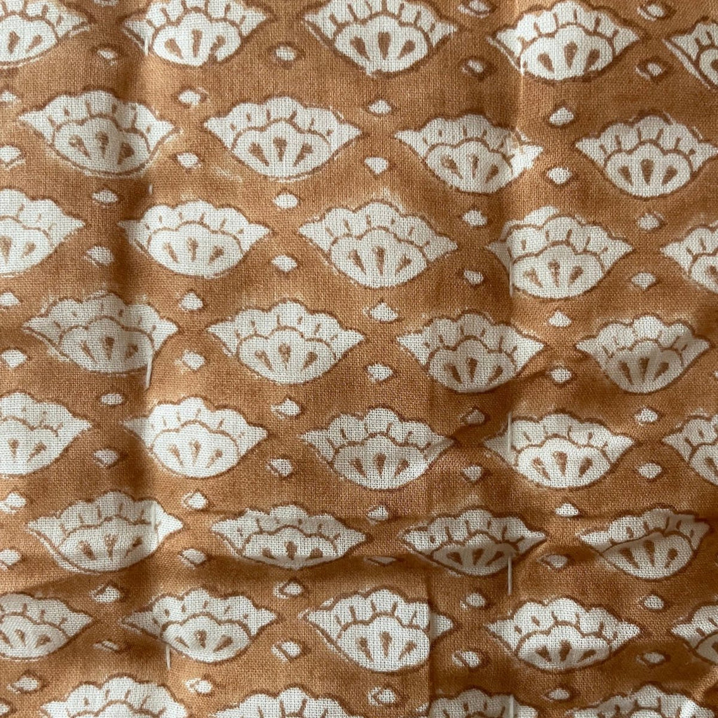 Indian Hand Block Print Cotton Quilt - Pale Terracotta/Brown Floral/Stripe Ruffle - RhoolQuiltRhoolIndian Hand Block Print Cotton Quilt - Pale Terracotta/Brown Floral/Stripe Ruffle