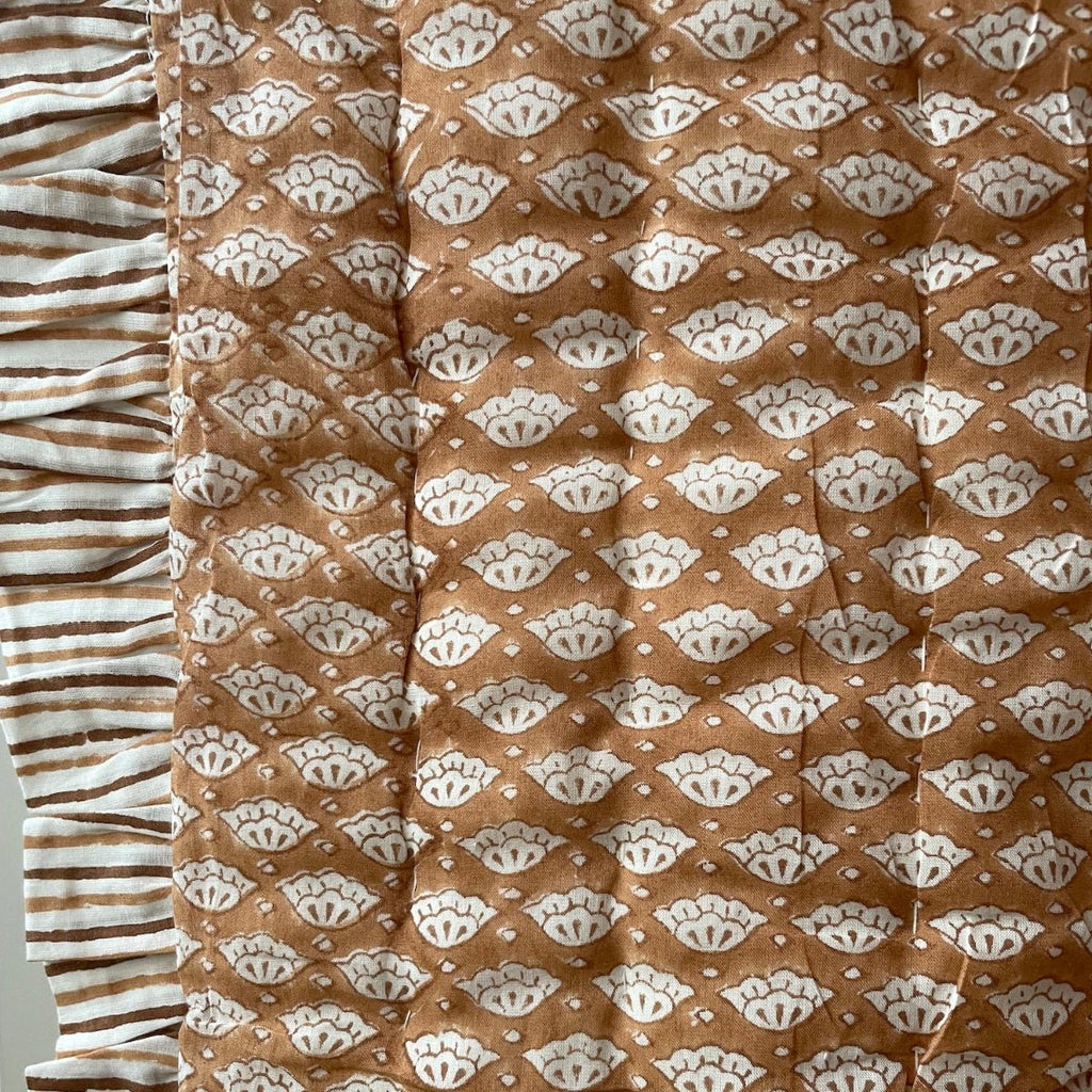 Indian Hand Block Print Cotton Quilt - Pale Terracotta/Brown Floral/Stripe Ruffle - RhoolQuiltRhoolIndian Hand Block Print Cotton Quilt - Pale Terracotta/Brown Floral/Stripe Ruffle